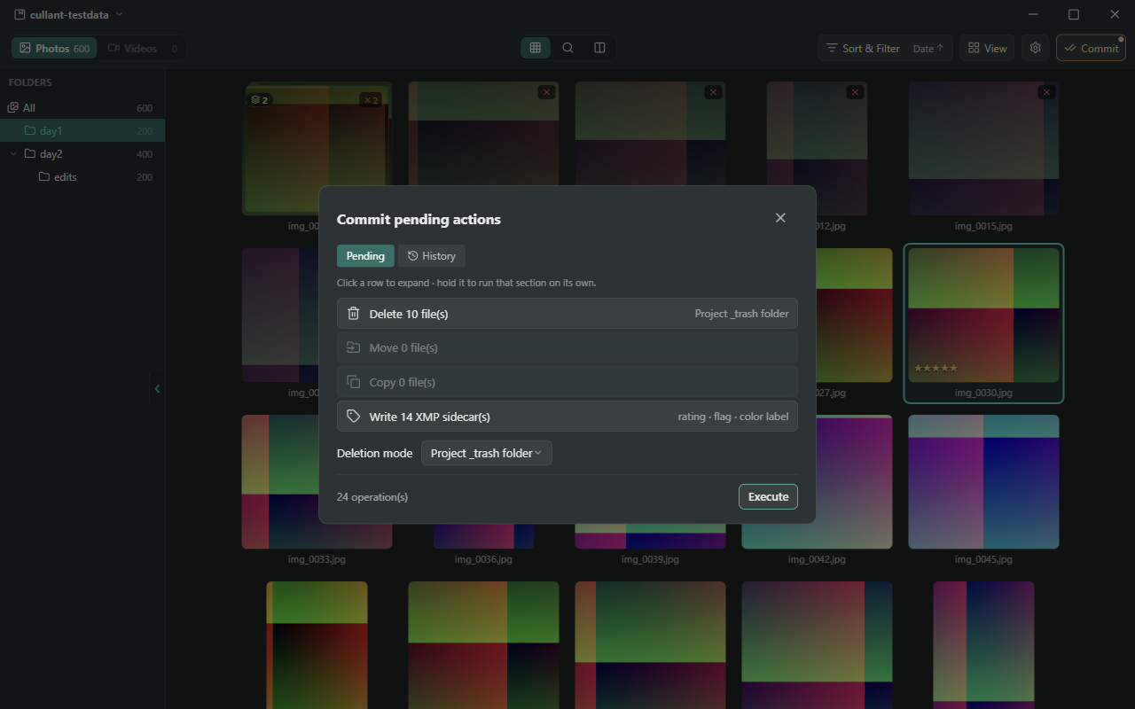 The Cullant commit dialog, listing the queued deletes, moves and copies with a count beside each phase.