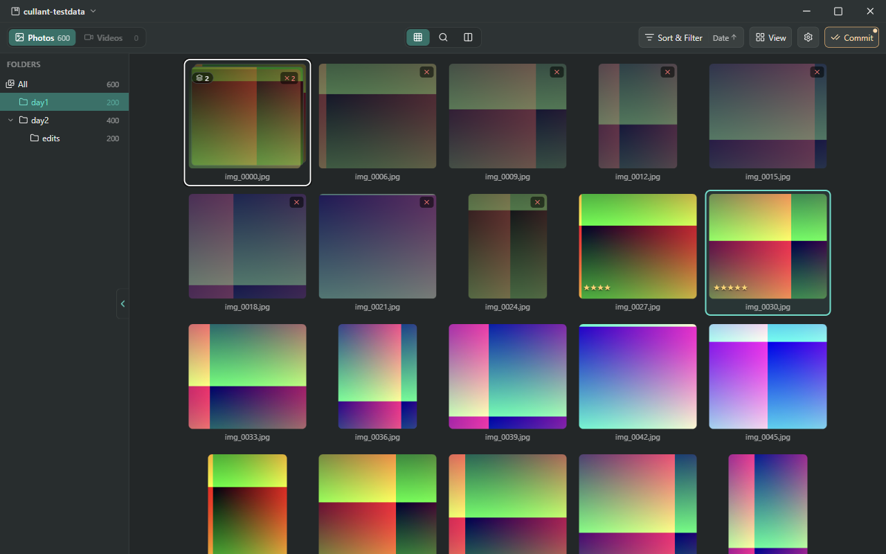 The Cullant photo culling app, showing a grid of photos from a shoot with rejects dimmed and ratings on the keepers.