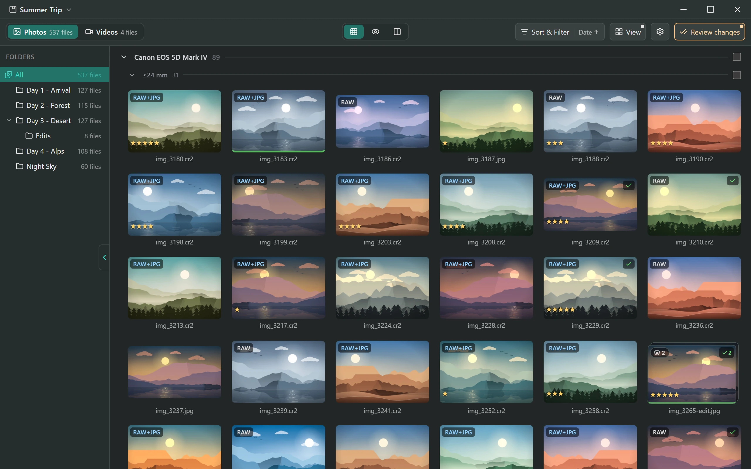The Cullant photo culling app on a desktop, showing a grid of landscape photos with ratings, picks, rejects and burst stacks.